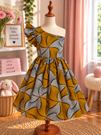 Robe bras cassé enfant en wax, coloris Honey Pinwheel, vue de face