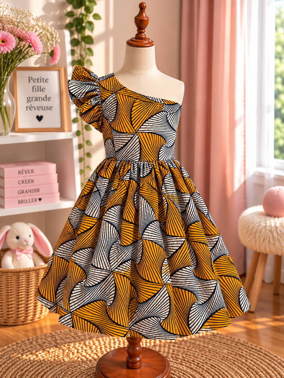 Robe bras cassé enfant en wax, coloris Honey Pinwheel, vue de face