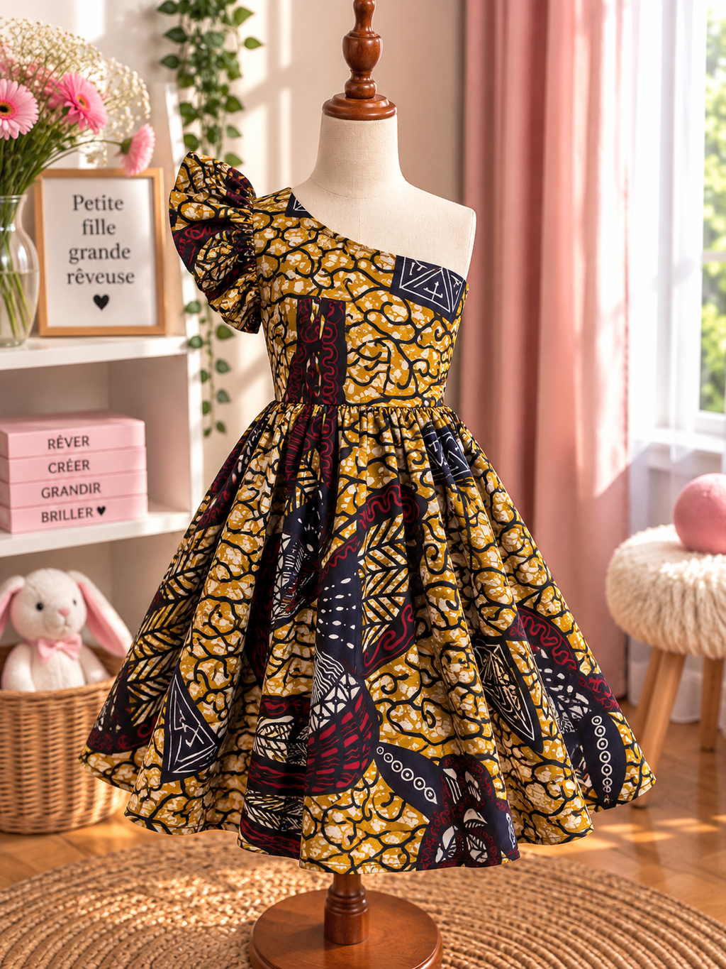 Robe bras cassé enfant en wax, coloris Saffron Vine, vue de face