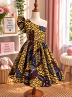 Robe bras cassé enfant en wax, coloris Saffron Vine, vue de face