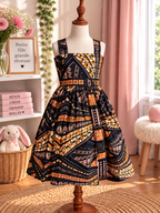 Robe à bretelles croisées enfant en wax, coloris Amber Mosaic, vue de face