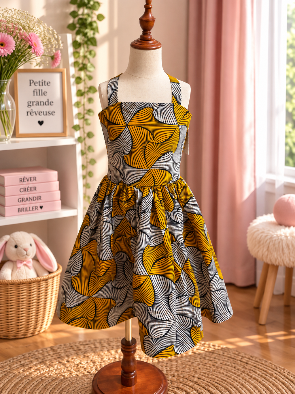 Robe à bretelles croisées enfant en wax, coloris Honey Pinwheel, vue de face