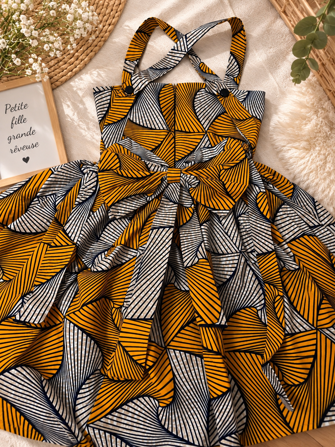 Robe à bretelles croisées enfant en wax, coloris Honey Pinwheel, vue à plat montrant les bretelles croisées au dos