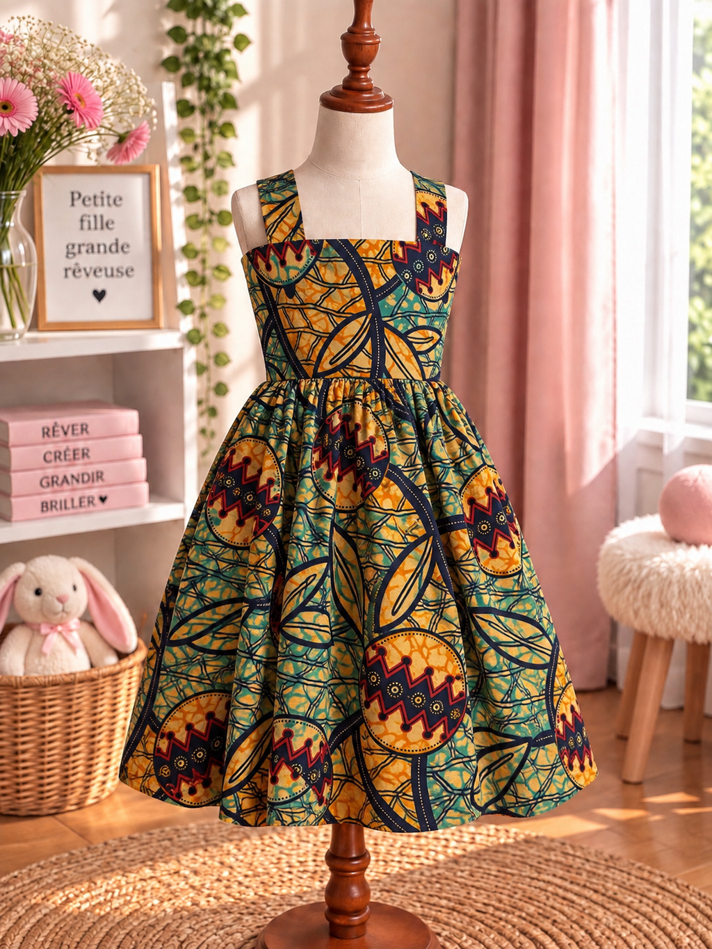 Robe à bretelles croisées enfant en wax, coloris Lagoon Medallion, vue de face