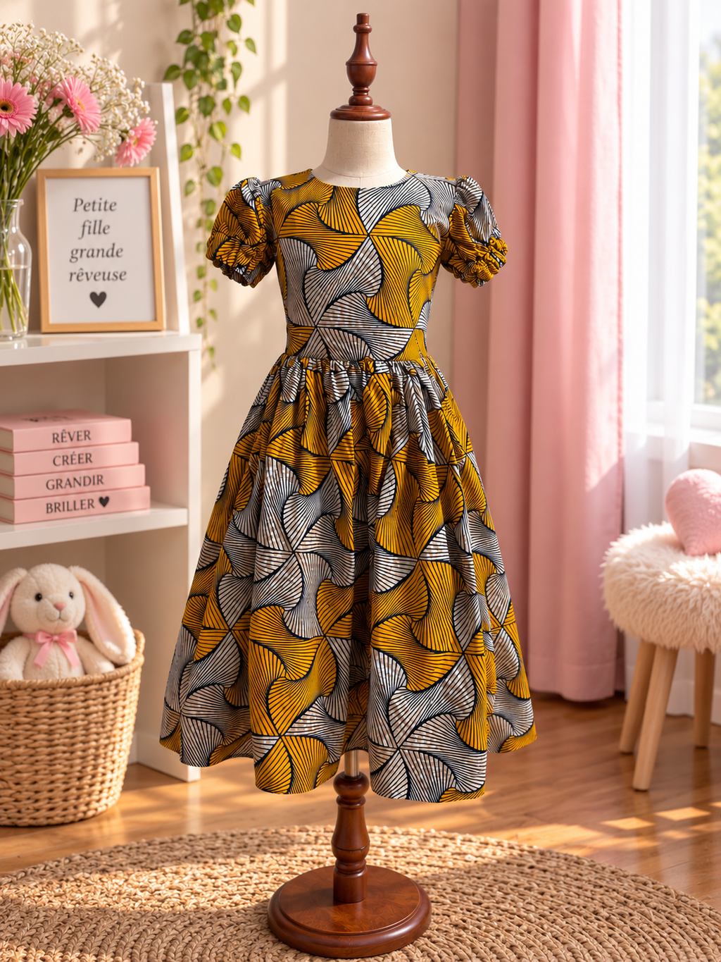 Robe à manches bouffantes enfant en wax, coloris Honey Pinwheel, vue de face
