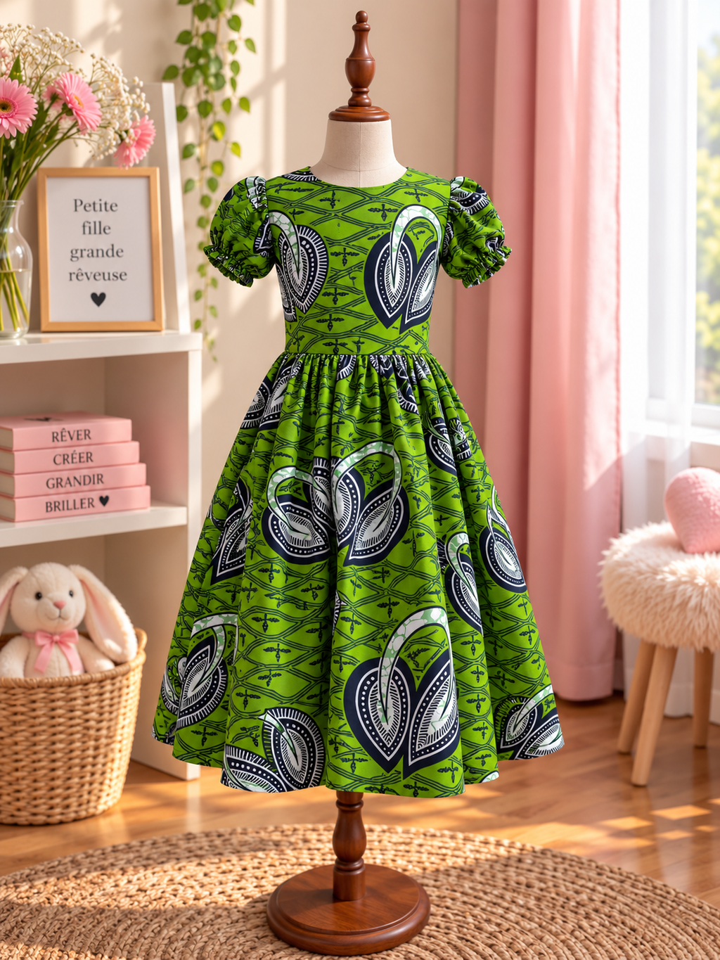 Robe à manches bouffantes enfant en wax, coloris Jade Leaf, vue de face