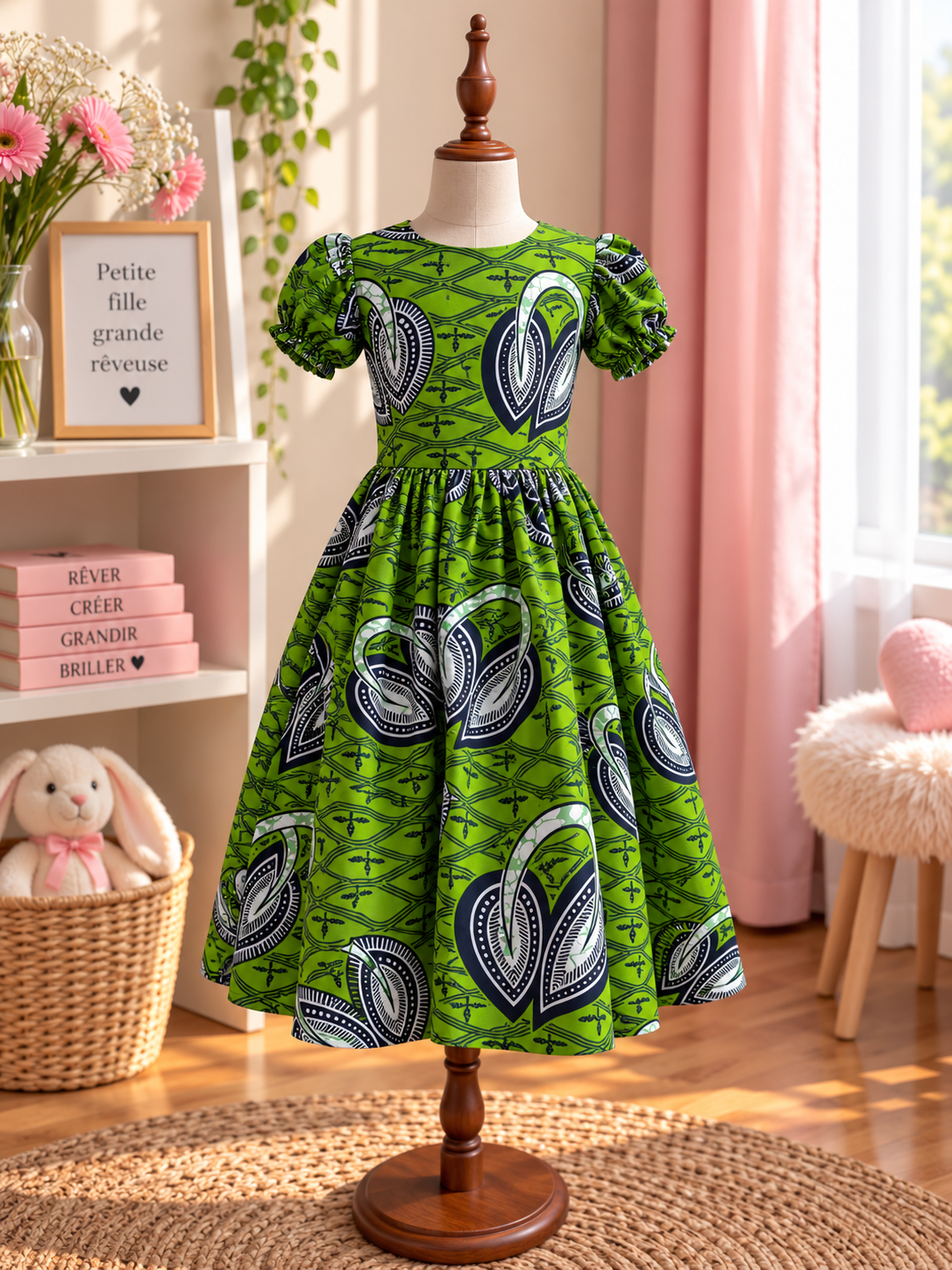 Robe à manches bouffantes enfant en wax, coloris Jade Leaf, vue de face