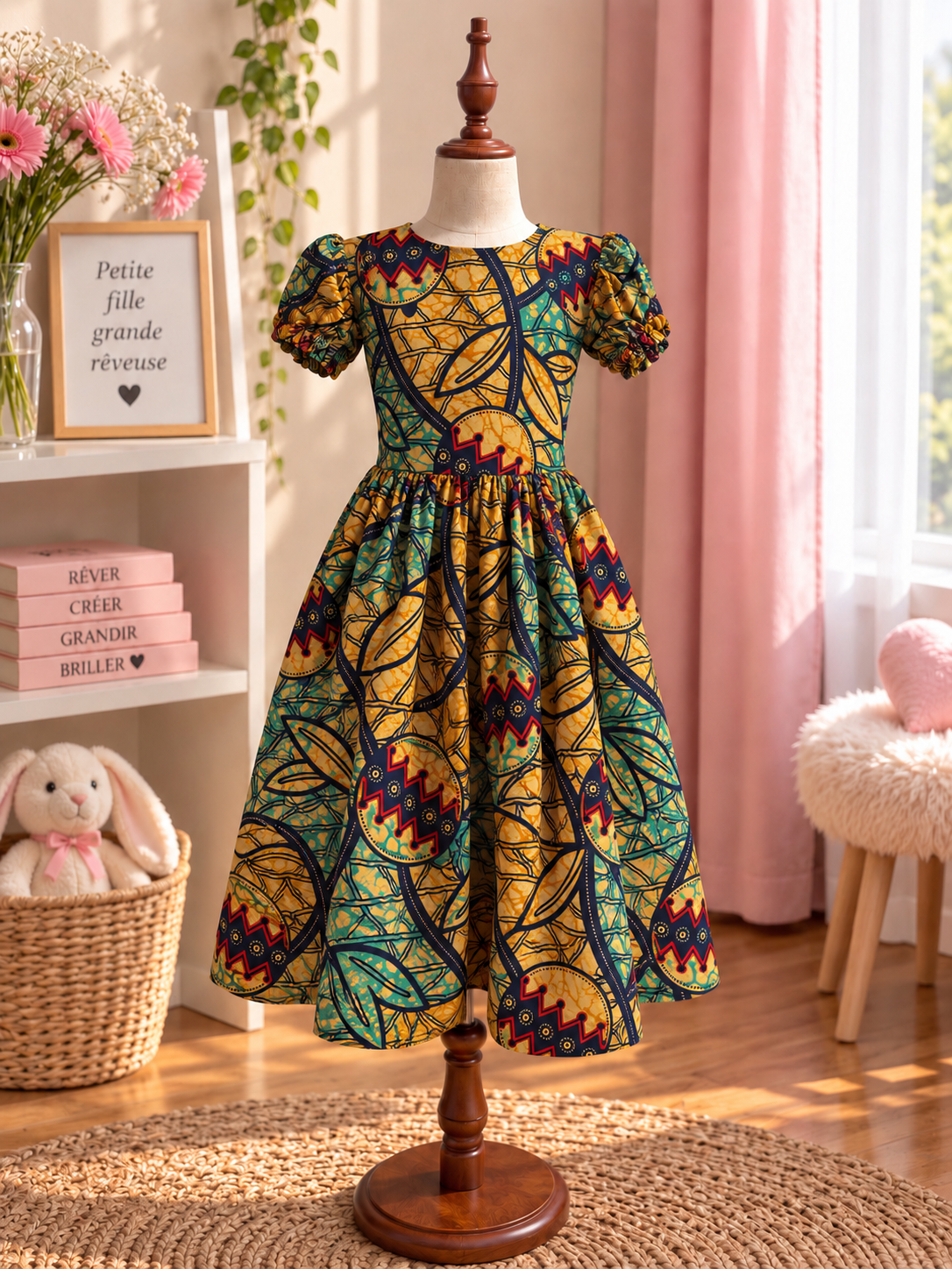 Robe à manches bouffantes enfant en wax, coloris Lagoon Medallion, vue de face