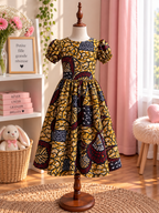 Robe à manches bouffantes enfant en wax, coloris Saffron Vine, vue de face