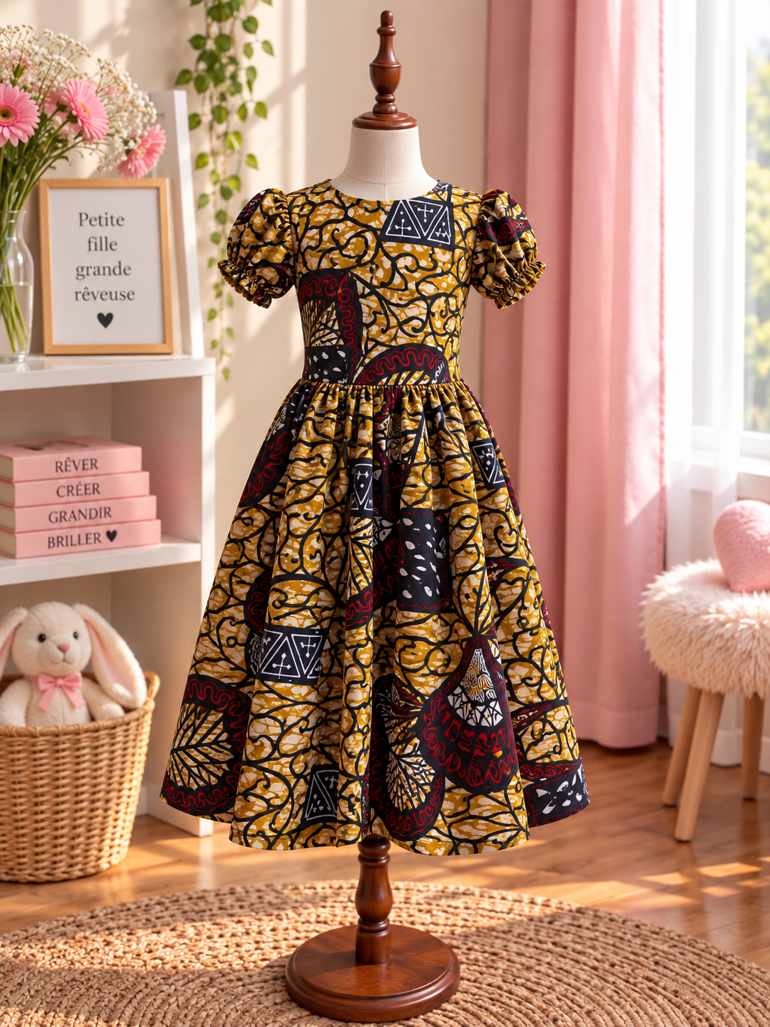 Robe à manches bouffantes enfant en wax, coloris Saffron Vine, vue de face