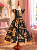 Robe à manches volantes enfant en wax, coloris Amber Mosaic, vue de face
