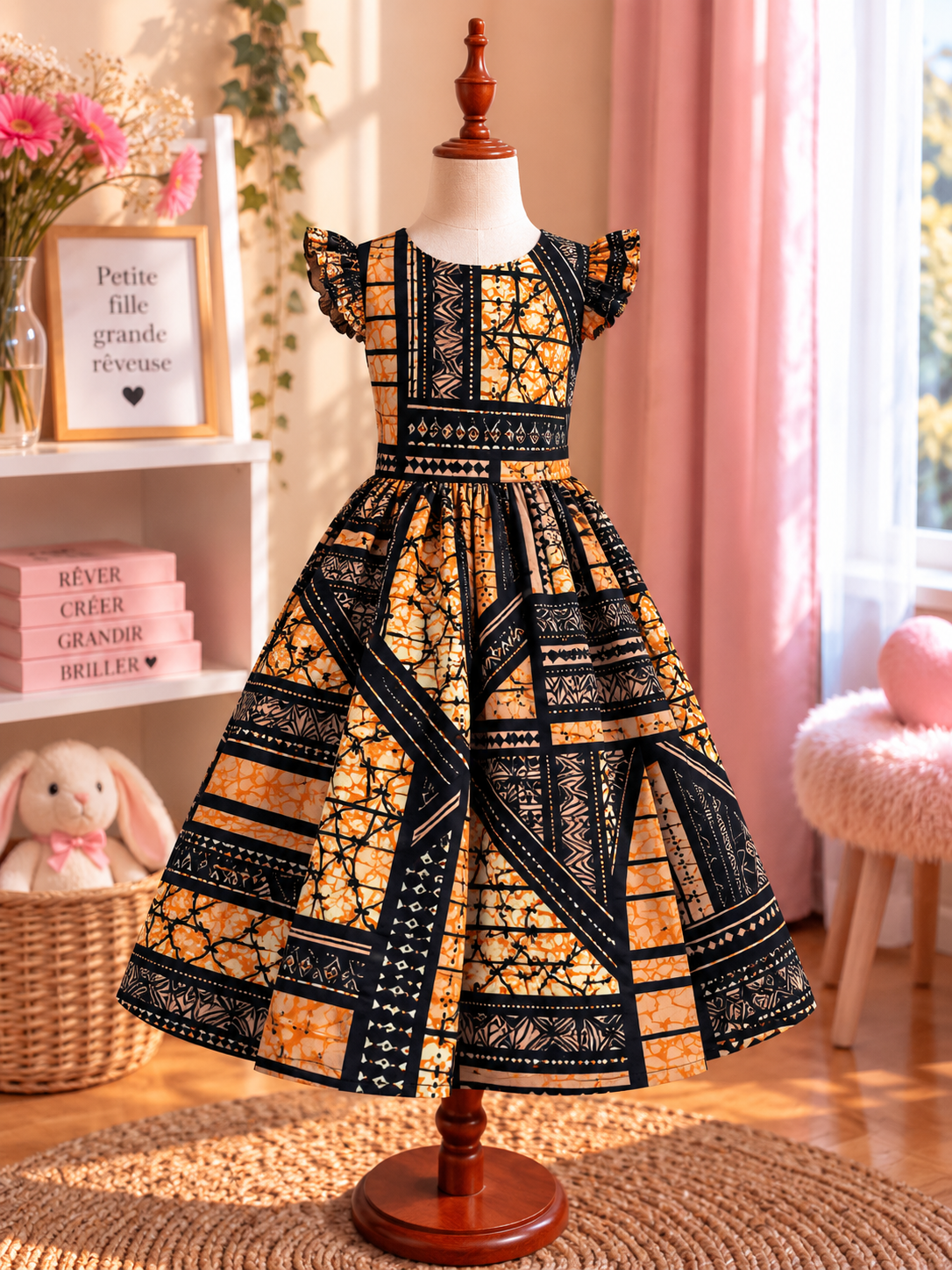 Robe à manches volantes enfant en wax, coloris Amber Mosaic, vue de face