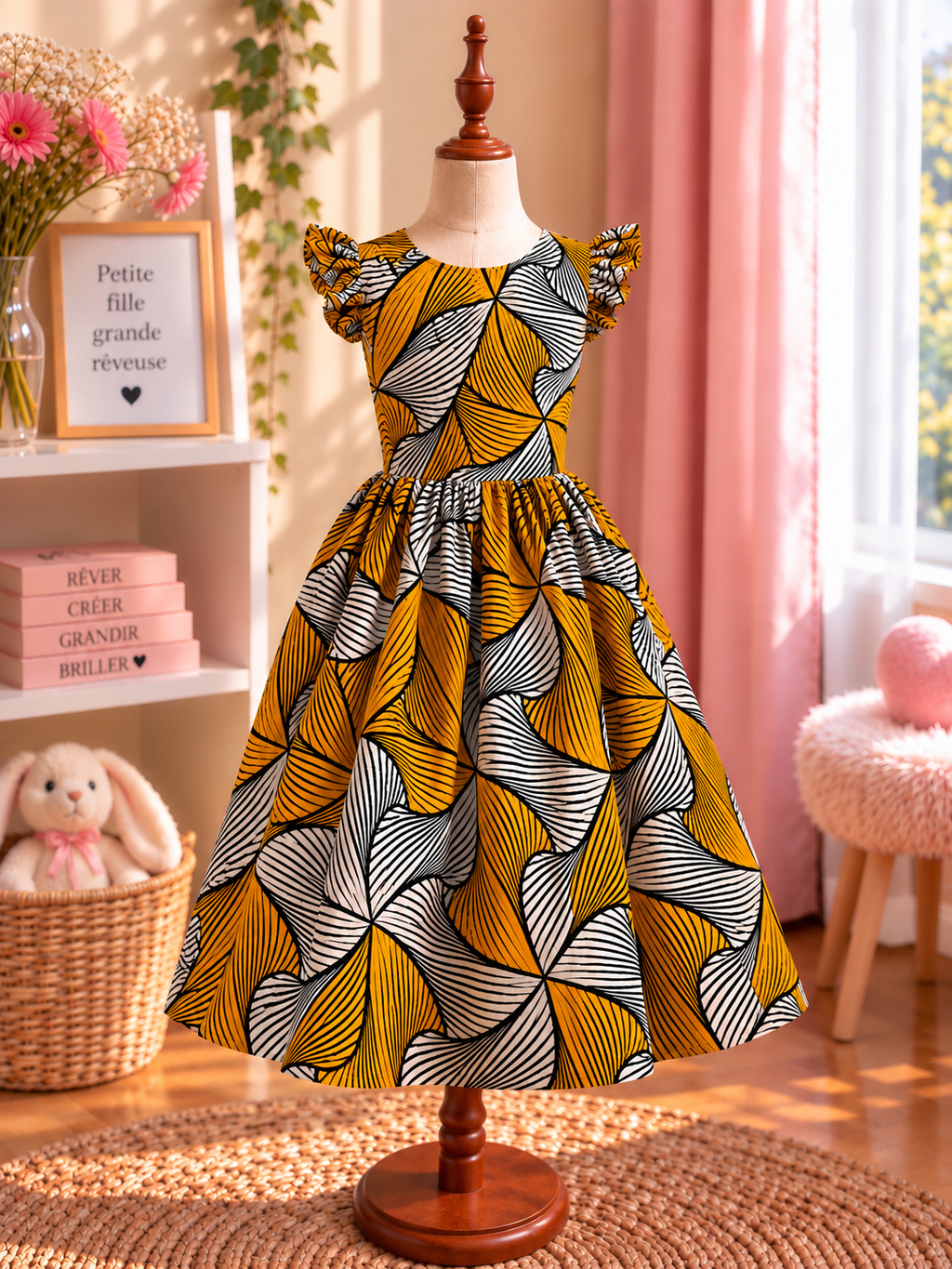 Robe à manches volantes enfant en wax, coloris Honey Pinwheel, vue de face