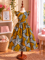 Robe à manches volantes enfant en wax, coloris Honey Pinwheel, vue de face