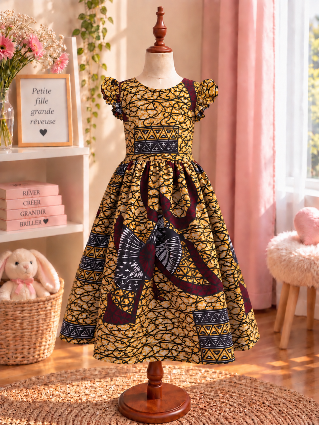 Robe à manches volantes enfant en wax, coloris Saffron Vine, vue de face