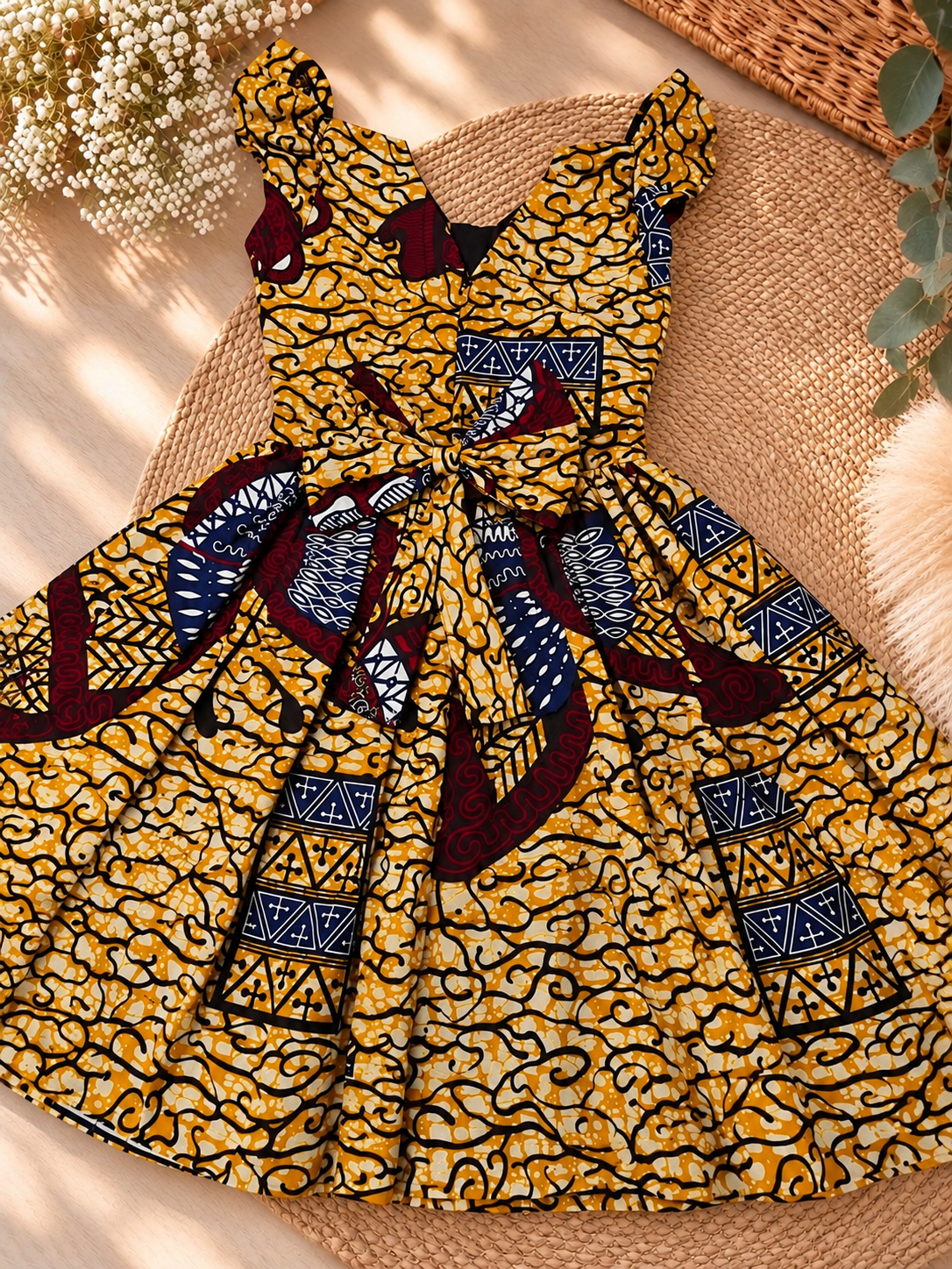 Robe à manches volantes enfant en wax, coloris Saffron Vine, vue à plat