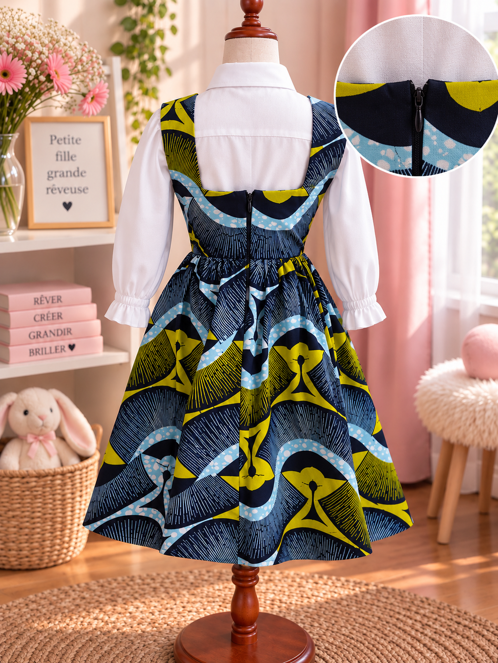 LITTLE DREAMER - Robe enfant en wax, coloris bleu et jaune, vue de dos