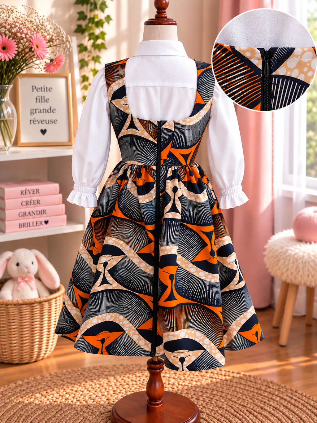 LITTLE DREAMER - Robe chasuble enfant en wax, coloris orange, vue de dos