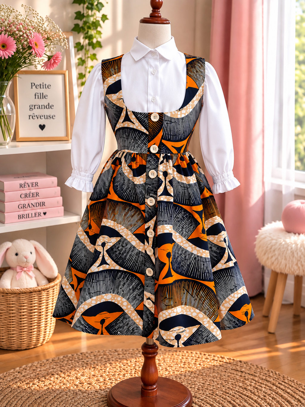 LITTLE DREAMER - Robe chasuble enfant en wax, coloris orange, vue de face