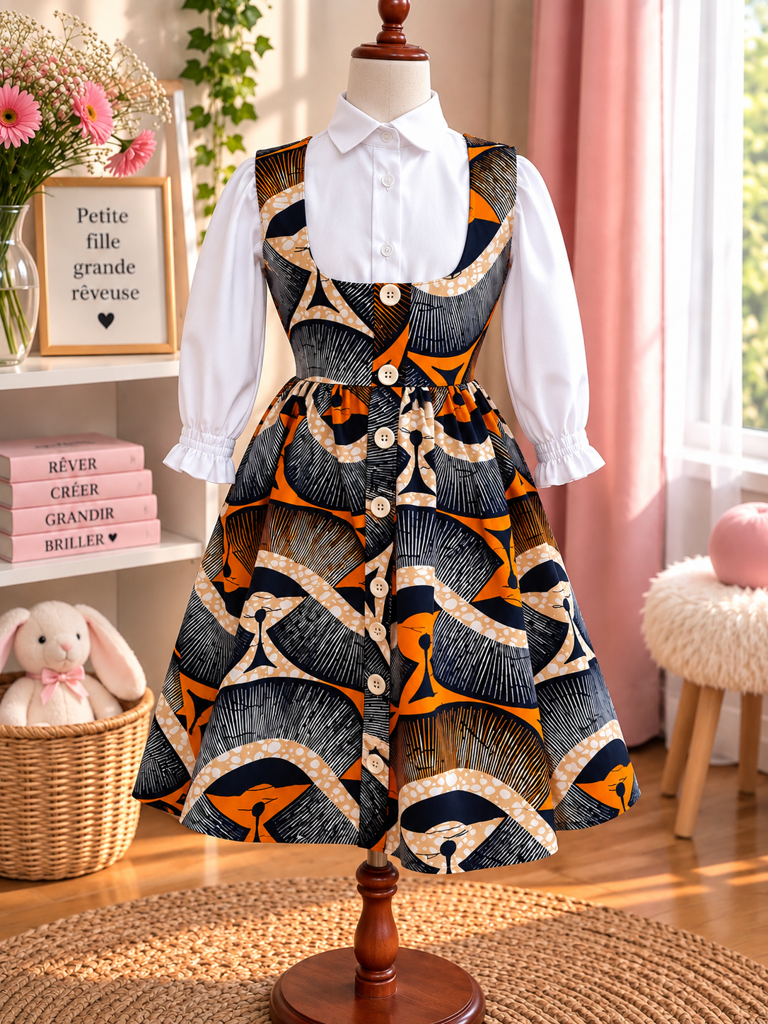 LITTLE DREAMER - Robe chasuble enfant en wax, coloris orange, vue de face