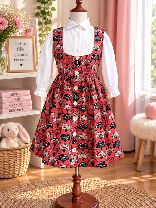 LITTLE DREAMER - Robe chasuble enfant en wax, coloris rouge, vue de face