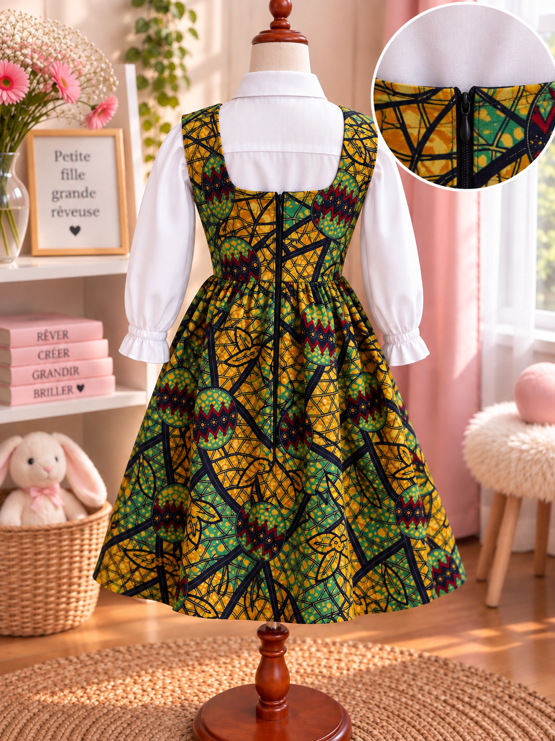 LITTLE DREAMER - Robe enfant en wax, coloris vert et or, vue de dos