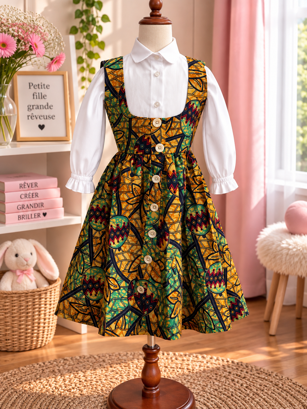 LITTLE DREAMER - Robe enfant en wax, coloris vert et or, vue de face