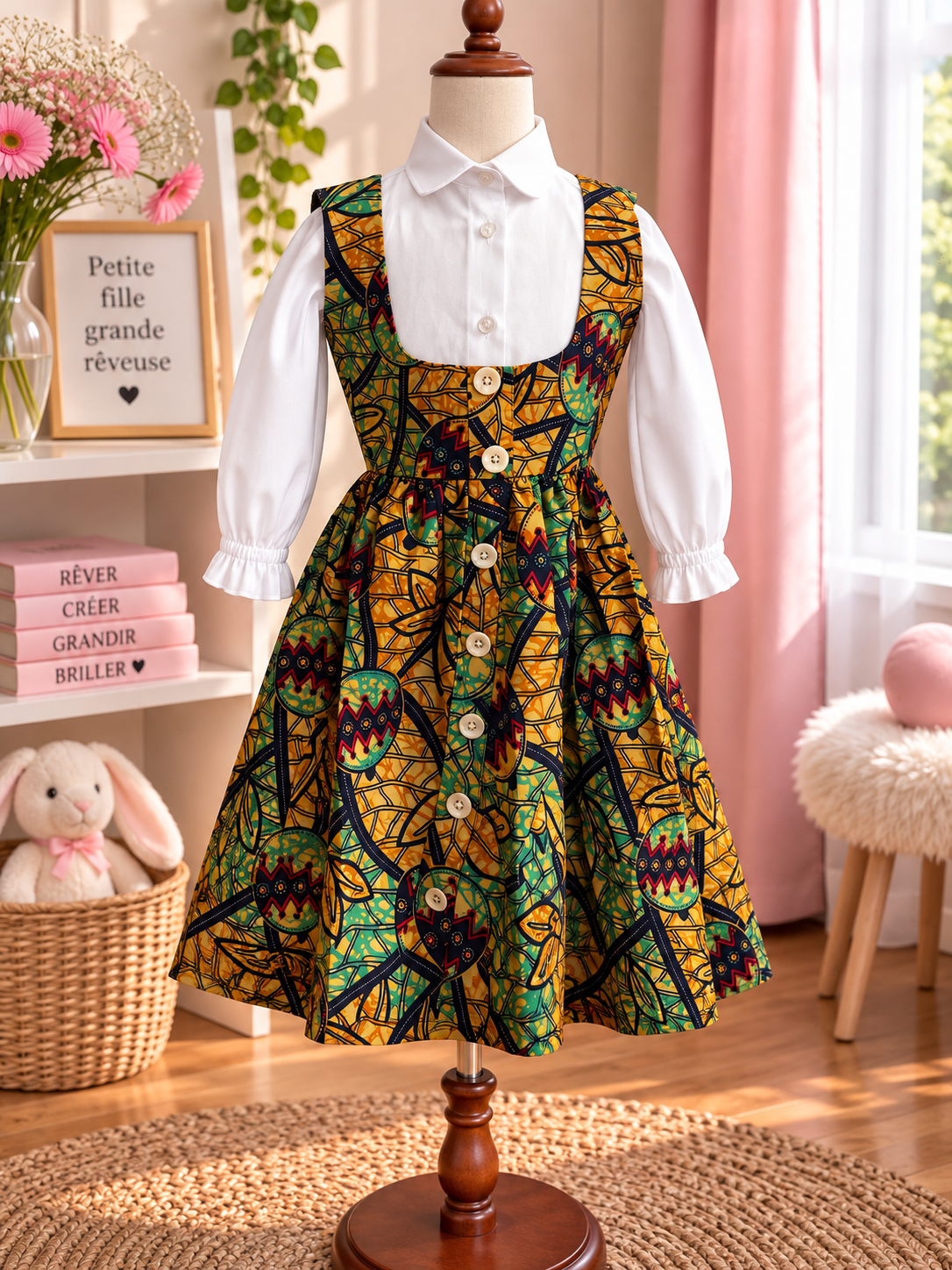 LITTLE DREAMER - Robe enfant en wax, coloris vert et or, vue de face
