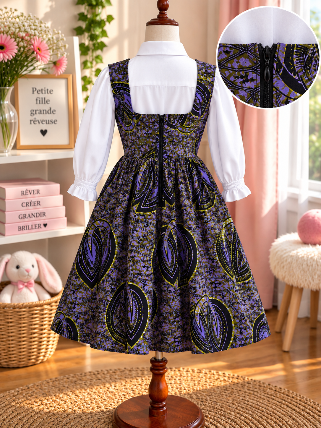 LITTLE DREAMER - Robe chasuble enfant en wax, coloris violet, vue de dos