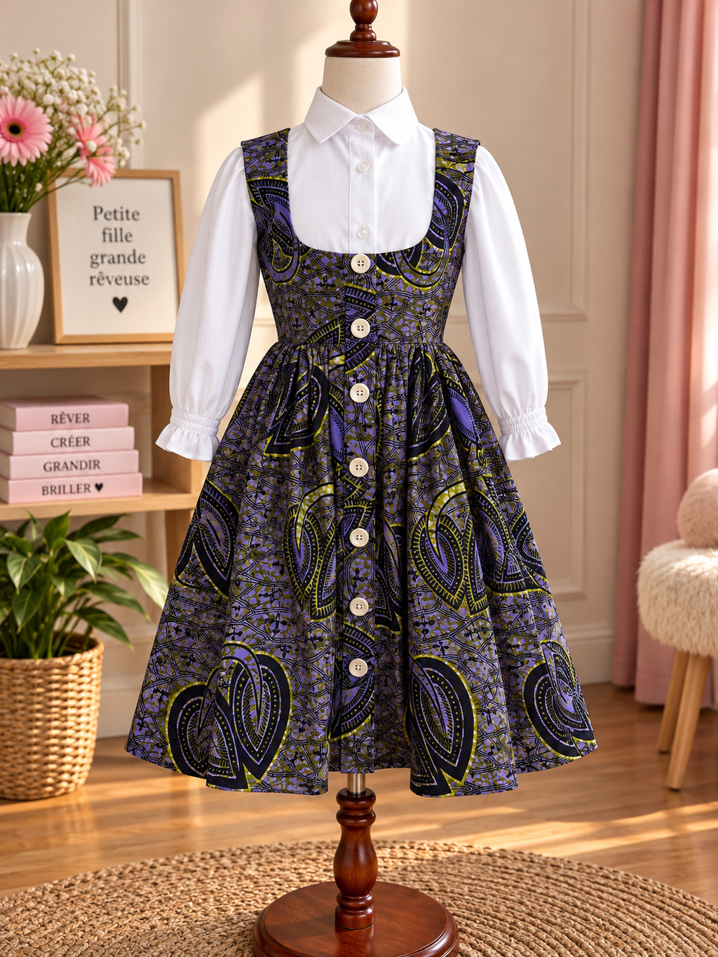 LITTLE DREAMER - Robe chasuble enfant en wax, coloris violet, vue de face